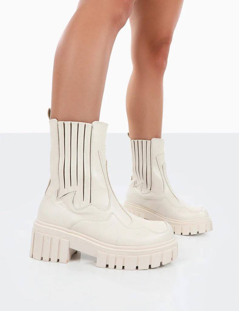 Consequence Ecru Drench Stitched Detail Chunky Sole Ankle Boots | Public Desire (US & CA)