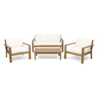 Noble House Santa Ana Brushed Light Brown 4-Piece Wood Patio Conversation Set with Cream Cushions... | The Home Depot