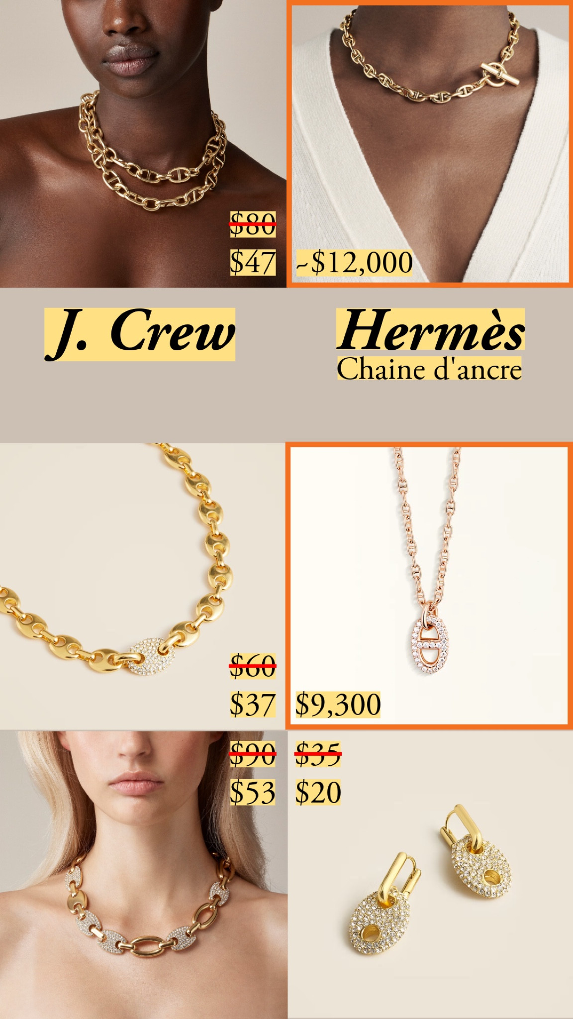 I have a soft spot for Hermès’ Chaine d’Ancre jewelry range. Translated as “anchor chain,” the jewels were inspired by the ships of Normandy.

J.Crew (and a few other brands) have recently delved into similar motifs, and I love the results. 

#jewelry #hermes #jcrew #classicstyle #affordableluxury

#LTKSaleAlert #LTKHoliday #LTKGiftGuide