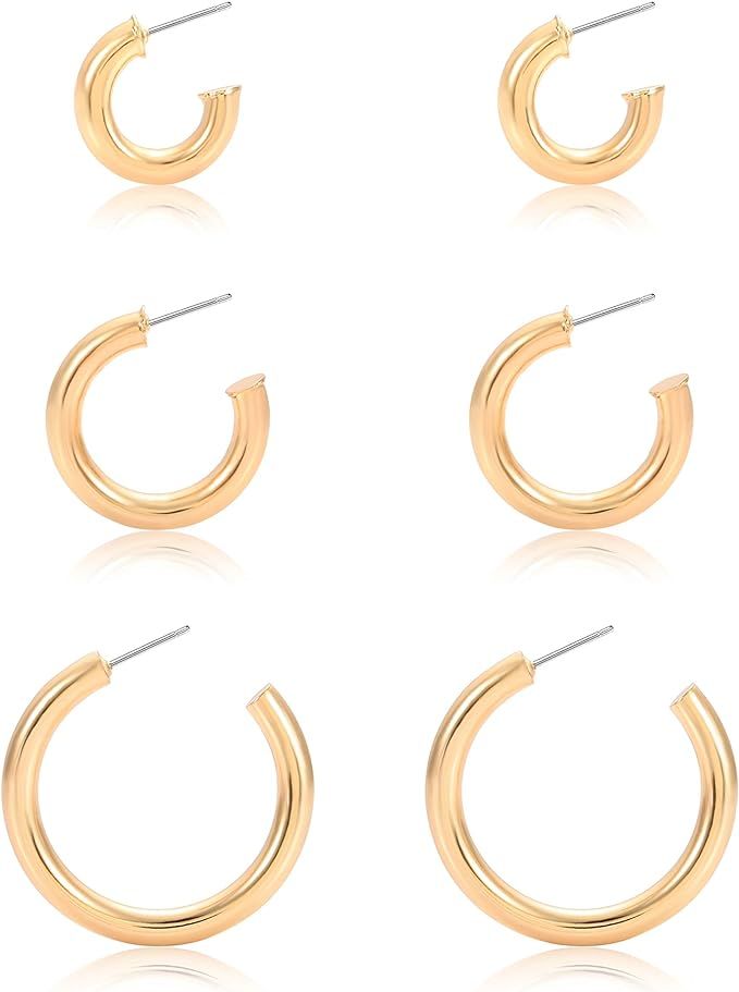 ISALOE 3 Pairs Chunky Open Hoop Earrings Lightweight Tube Thick Circle Earrings Statement Open Ho... | Amazon (US)