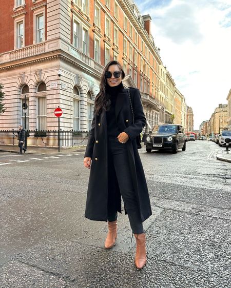 Kat Jamieson wears a black coat in London. Fall outfit, winter outfit, fall boots, neutral style, classic, denim, jeans, turtleneck. 

#LTKSeasonal #LTKHoliday #LTKshoecrush