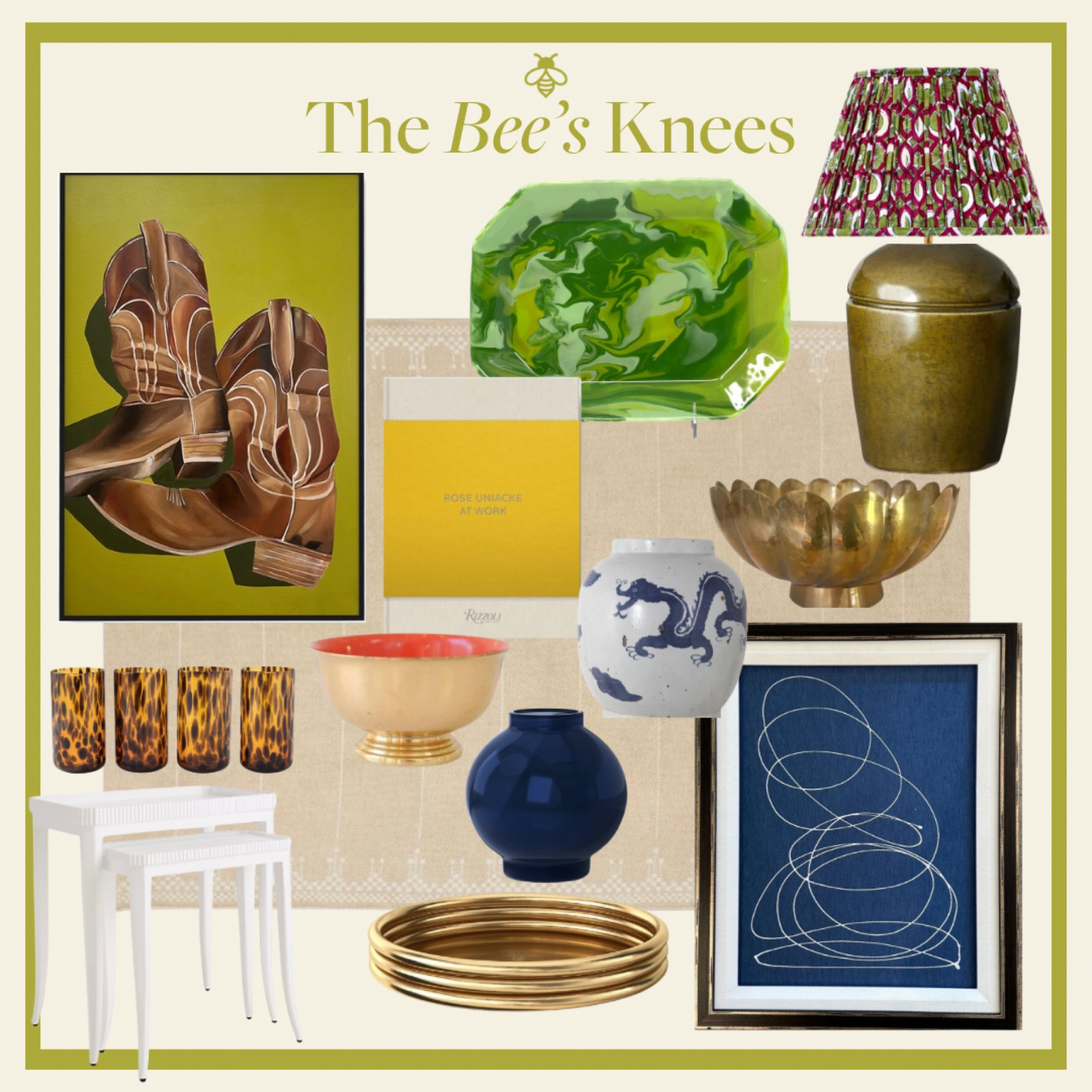 The Bee’s Knees in Home Decor 
Original Art 
Affordable Art 
Tortoise glassware 
