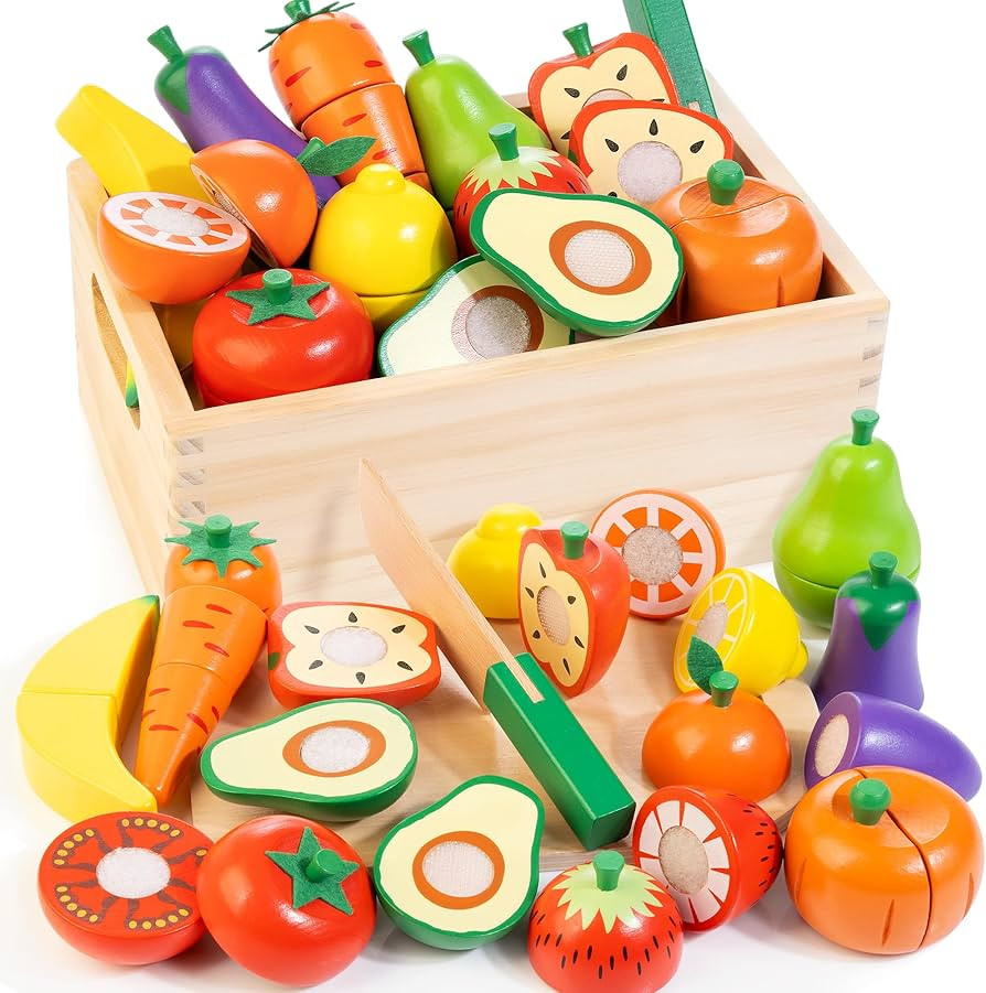Wooden Play Food for Toddlers, Velcro Fruit and Veggies Cutting Set for Kids, Pretend Food Play K... | Amazon (US)