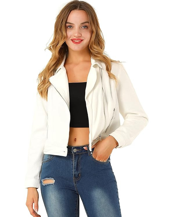 Allegra K Women's Chic Denim Jackets Notched Collar Inclined Zip Closure Biker Motocycle Jacket O... | Amazon (US)