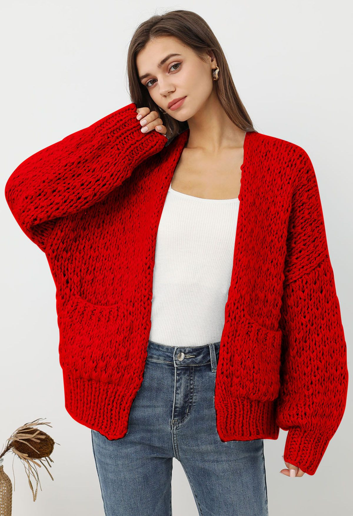 Chunky Hand Knit Patch Pocket Open Front Cardigan in Red | Chicwish