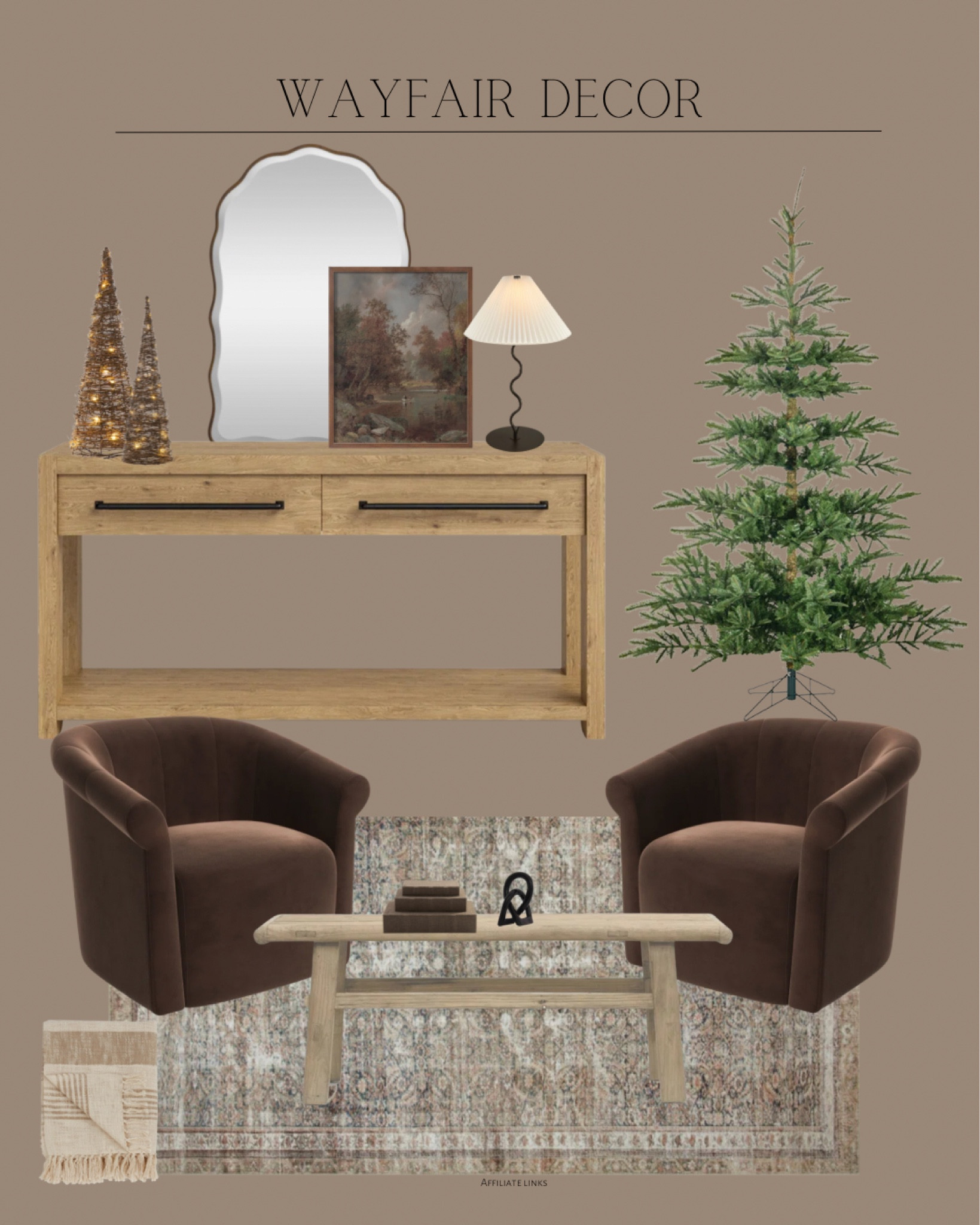 Wayfair Decor 
Decorative Christmas tree / wall mirror / wall art / table lamp / console table / Christmas tree / accent chair / coffee table / decorative storage books / are la rug

#LTKSaleAlert #LTKSeasonal #LTKHome