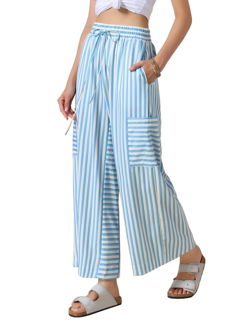 INSPIRE CHIC Casual Striped Pants for Women's Wide Legs Elastic Waist Drawstring Palazzo Lounge P... | Walmart (US)