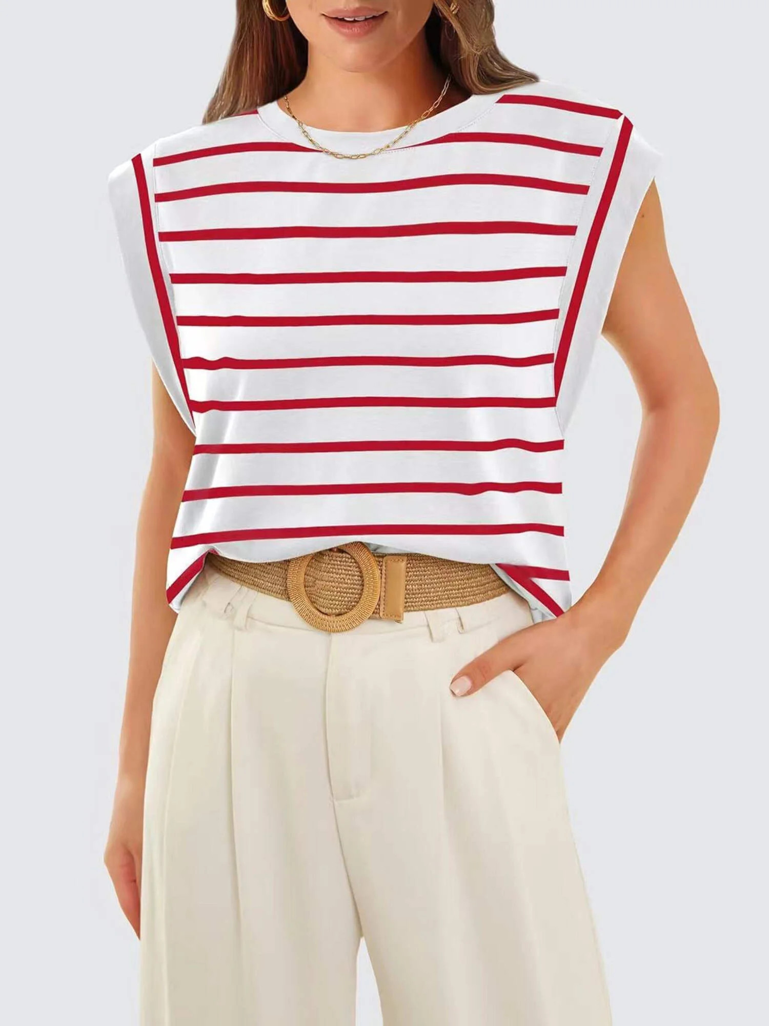 Striped Round Neck Cap Sleeve T-Shirt | Walmart (US)
