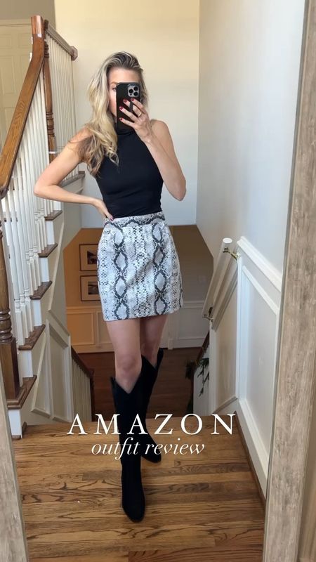 Head to toe Amazon outfit review!! 

🔹I’m 5’7 wearing a size small in the skirt and xsmall in the top 

Amazon outfit for western style boots, fall boots, fall outfit, inspiration black turtleneck, top snake, leather skirt, faux, leather skirt, mini skirt, concert outfit, inspiration, holiday outfit, inspiration, black and white skirt affordable outfits, Amazon skirt Amazon top Amazon boots

#LTKfindsunder100 #LTKSeasonal #LTKfindsunder50