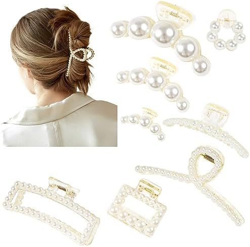 Pearl Hair Accessories for Women - 8PCS Claw Clips for Thick and Thin Hair, Barrettes for Styling... | Amazon (US)