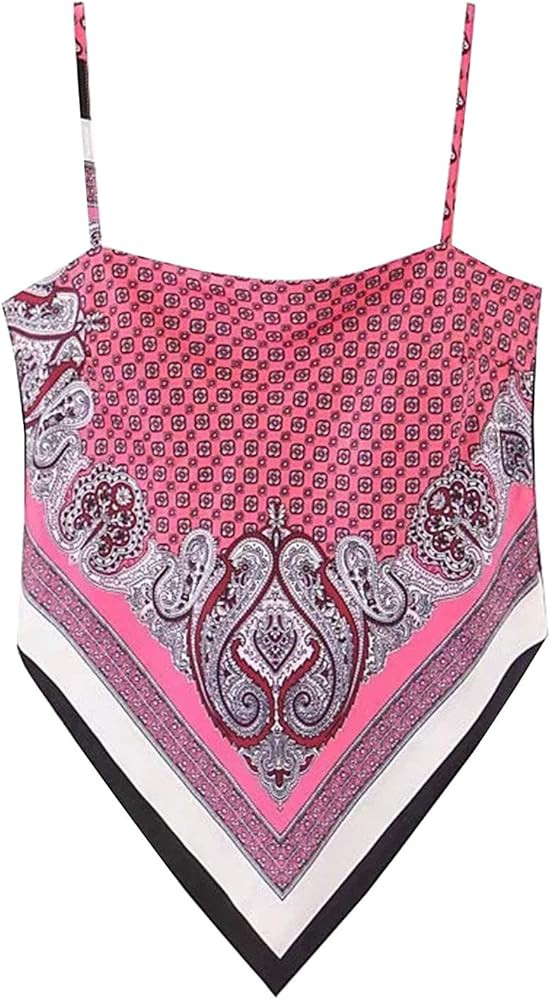 Women's Paisley Print Tie Back French Knot Hanky Hem Spaghetti Straps Handkerchief Cami Bandana T... | Amazon (US)