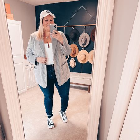 A cute way to style a blazer is with a bodysuit, jeans, platform sneakers and a baseball hat. 

Converse | platform | white bodysuit | dark wash jeans | baseball hat | casual outfit | ootd | plus size | curvy confidence | confidence | blazer 

#LTKcurves #LTKshoecrush #LTKFind