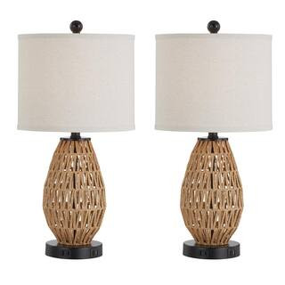 Adone 23 in. H Brown Touch Control Rattan Table Lamp with USB Ports and AC Outlets | The Home Depot