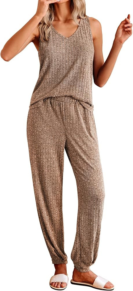 Ekouaer Women's Pajamas Sleeveless Summer Lounge Set Ribbed Knit Pj Loungewear Soft Tank Sleepwea... | Amazon (US)