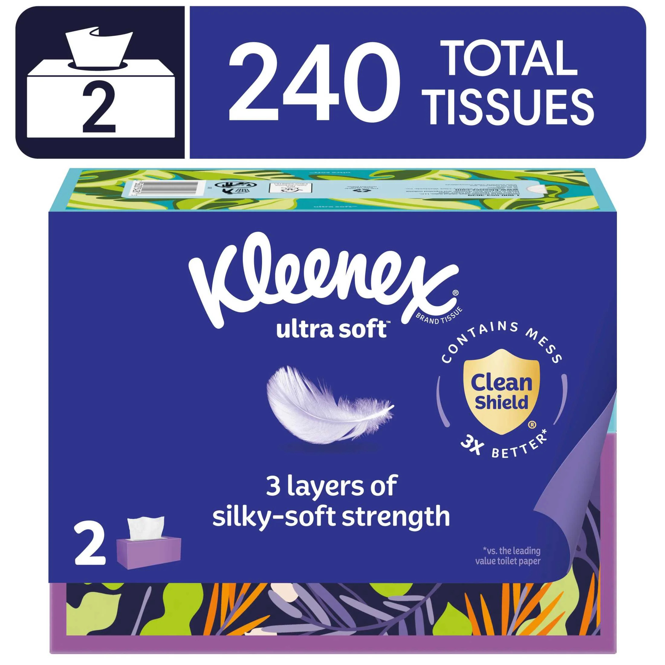 Kleenex Ultra Soft Facial Tissues, 2 Flat Boxes, 120 Tissues per Box, 3-Ply | Walmart (US)
