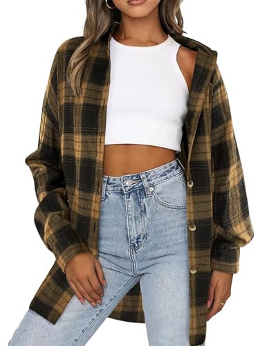 HOTOUCH Fall Outfits Womens Fashion Business Casual Plaid Flannel Shackets Collared Button Down Long Sleeve Shirts 2025 Clothes Khaki XL | Amazon (US)