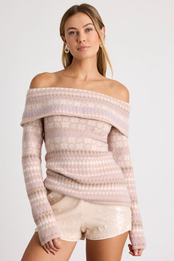 Edine Blush Fair Isle Off-the-Shoulder Sweater Top | Lulus