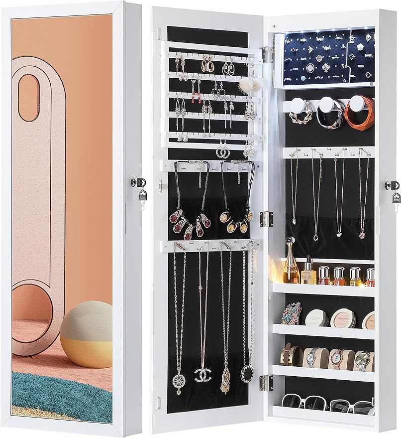 Nicetree 6 LEDs Mirror Jewelry Cabinet, Large Capacity Lockable Jewelry Armoire Organizer, Door o... | Amazon (US)