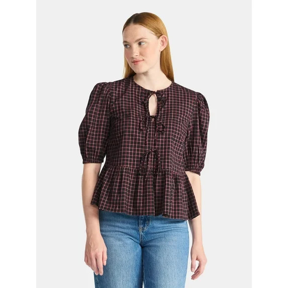 Time and Tru Women's Tie Front Peplum Top with Short Puff Sleeves, Size XS – XXXL | Walmart (US)