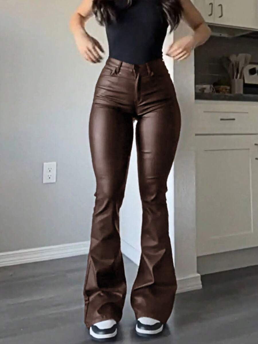 Coated Faux Leather Flare Pants For Women, Slimming High Waisted Bootcut Style Trousers, Fashiona... | SHEIN