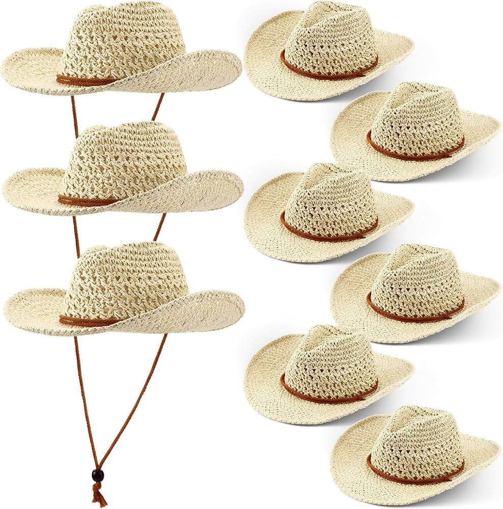 Newcotte 9 Pack Straw Cowboy Hats for Women Western Cowgirl Beach Sun Hat Bulk with Windproof Rop... | Amazon (US)