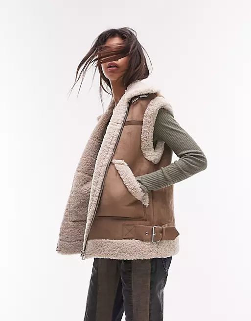 Topshop faux shearling oversized aviator vest in brown | ASOS (Global)