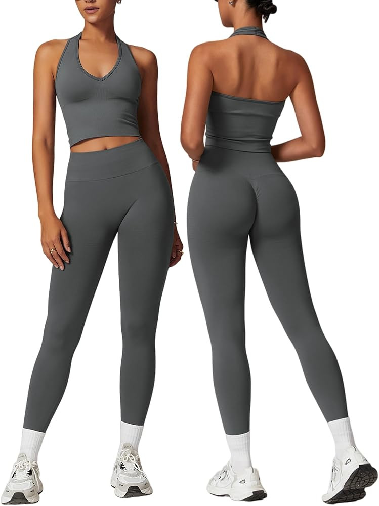 Workout Sets for Women 2 Piece Seamless Halter Tank Top Scrunch Butt Lifting High Waist Leggings ... | Amazon (US)