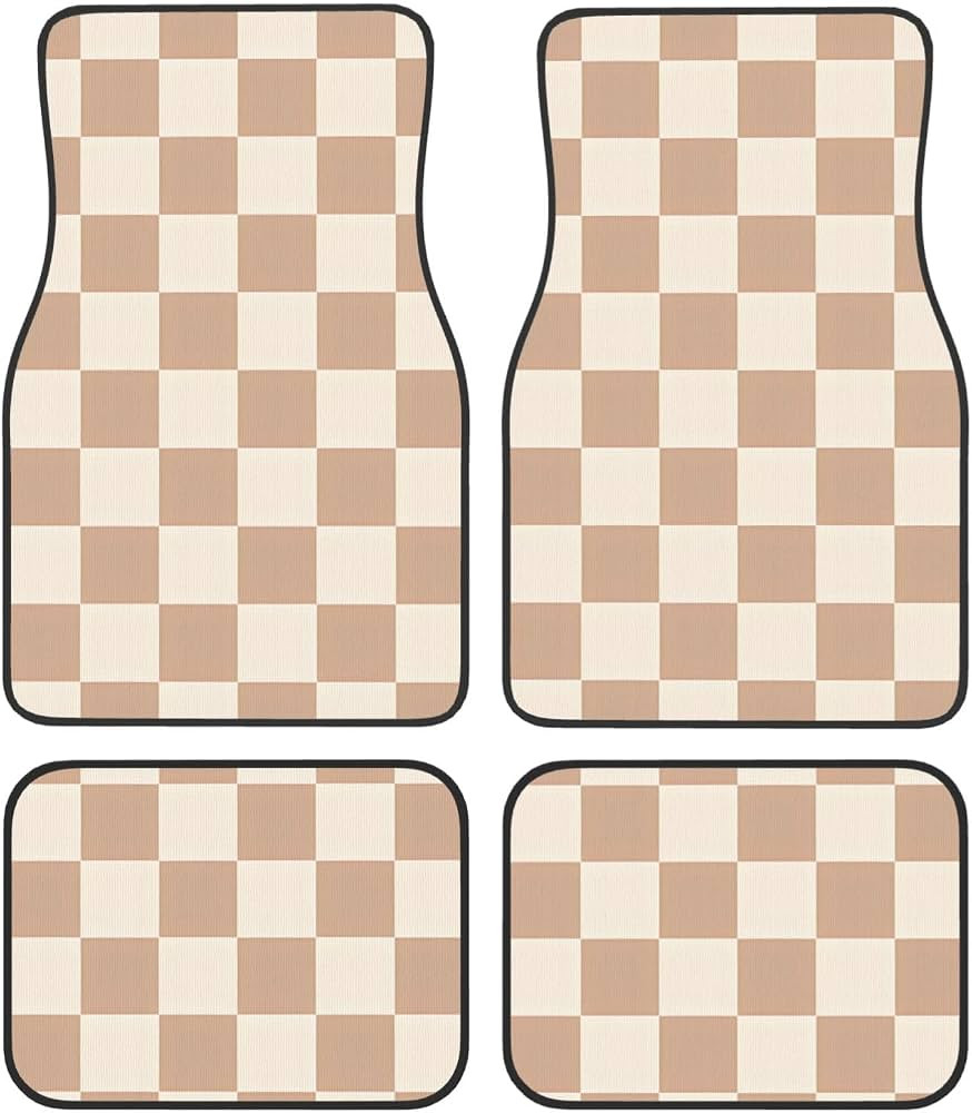 Checkered Caramel Brown 4-Piece Car Mat Set - Durable and Stylish Interior Accessory for Cars, Su... | Amazon (US)