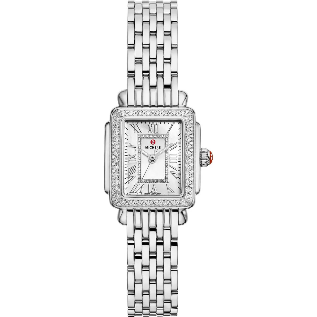 MICHELE Mini Deco Madison Two-Tone 18K Gold Plate Diamond Bracelet Watch, 23mm x 24mm in Silver at Nordstrom | Nordstrom