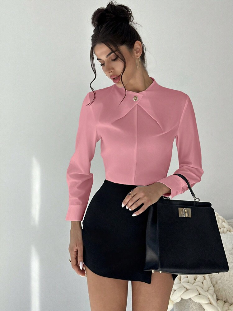 Firerie Women's Elegant Cross Neckline Metal Decor Fitted White Blouse For Work | SHEIN