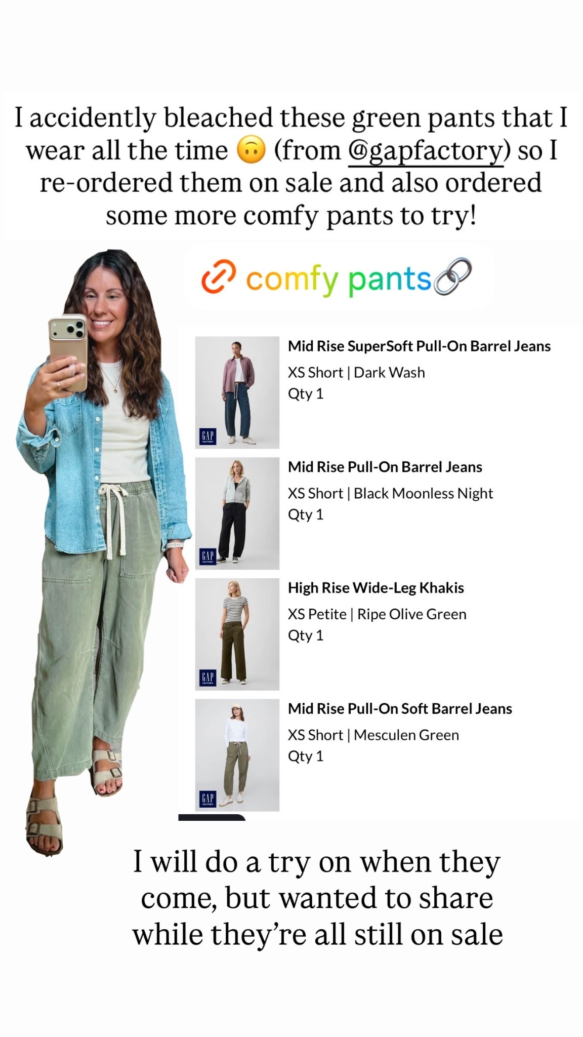I accidently bleached these green pants that I wear all the time 🙃 (from @gapfactory) so I re-ordered them on sale and also ordered some more comfy pants to try! @gap #gapcreator  I will do a try on when they come, but wanted to share while they’re all still on sale