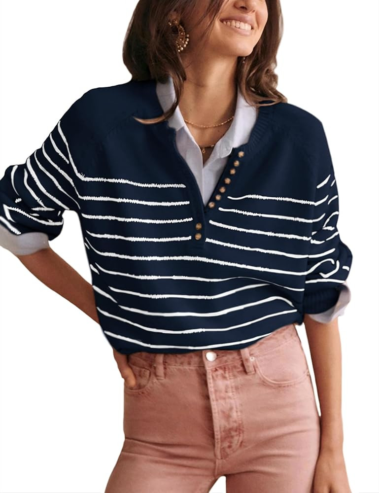 Hongsui Women's Color Block Striped Sweaters Button Up Crewneck Pullover Ribbed Knit Sweater Tops | Amazon (US)