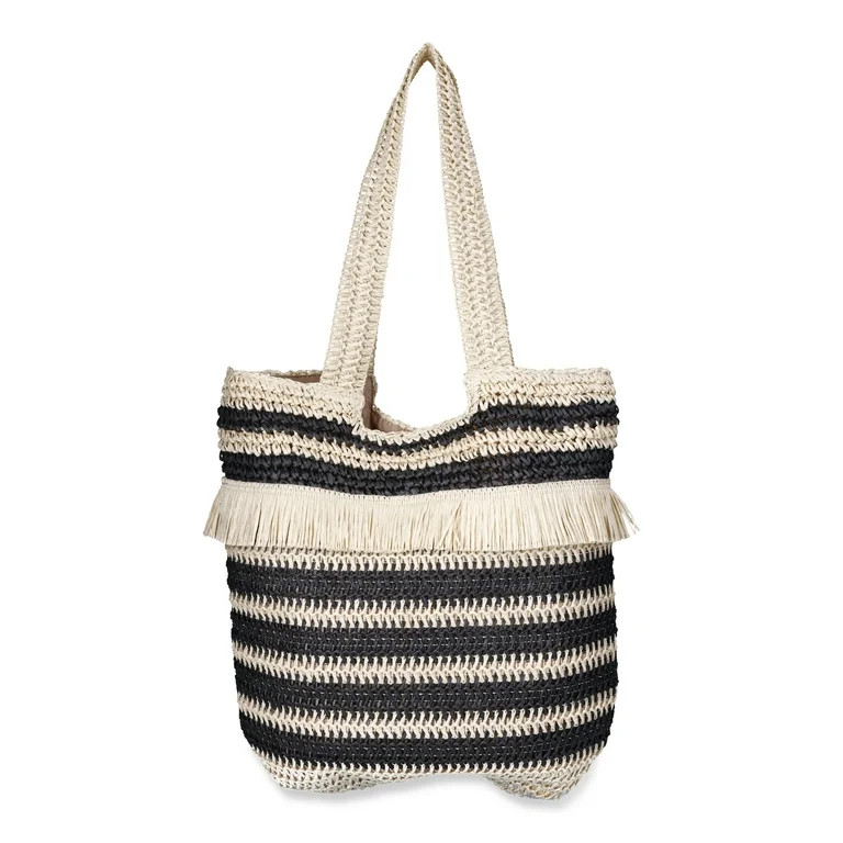 No Boundaries Women's Fringed Woven Straw Tote Bag, Natural/Black Stripe | Walmart (US)
