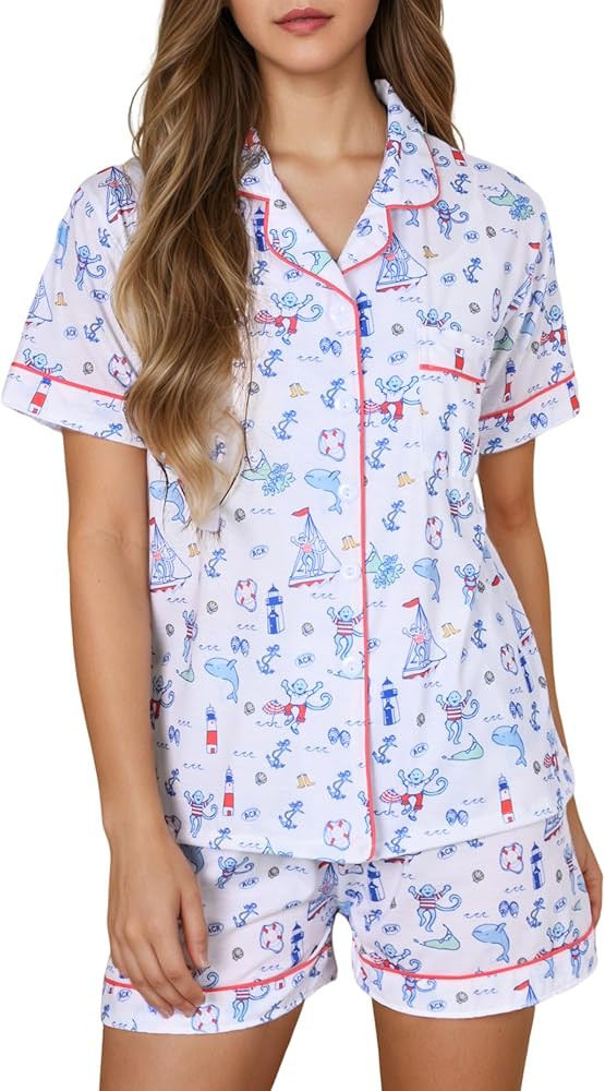 Womens Pajamas Set, 2PCS Button Down Vacation Monkey Beach Shorts Set Y2k Loungewear Pjs for Birt... | Amazon (US)