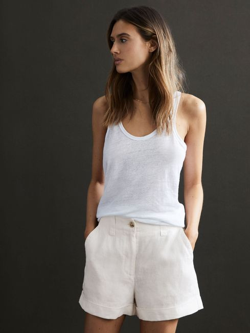 Reiss White Demi Linen High Rise Garment Dyed Shorts | Reiss US