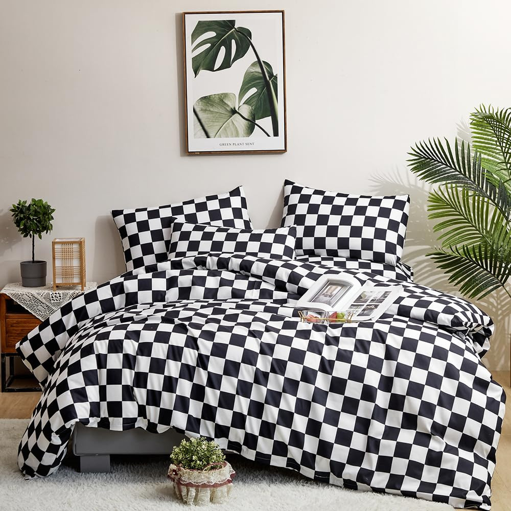CLOTHKNOW Black White Plaid Full Comforter Set 3Pcs Grid Bedding Comforter Sets Black White Comfo... | Amazon (US)