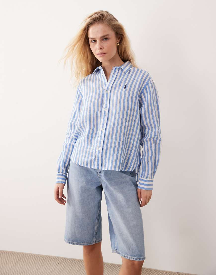 Polo Ralph Lauren icon logo stripe boxy linen shirt in blue/white | ASOS (Global)