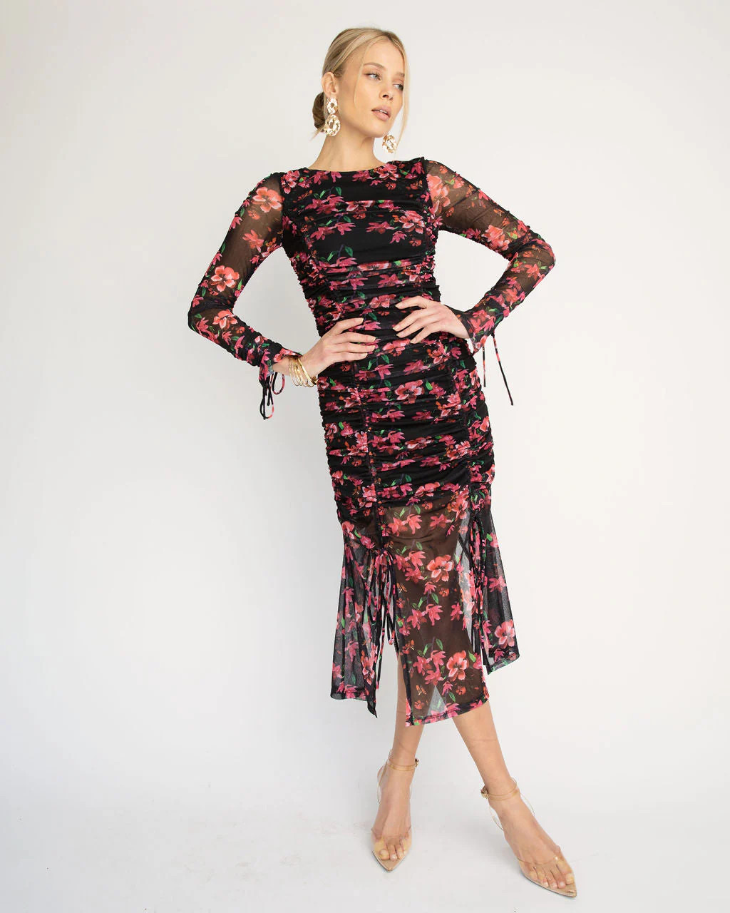 Soul Sister Ruched Floral Mesh Midi Dress | VICI