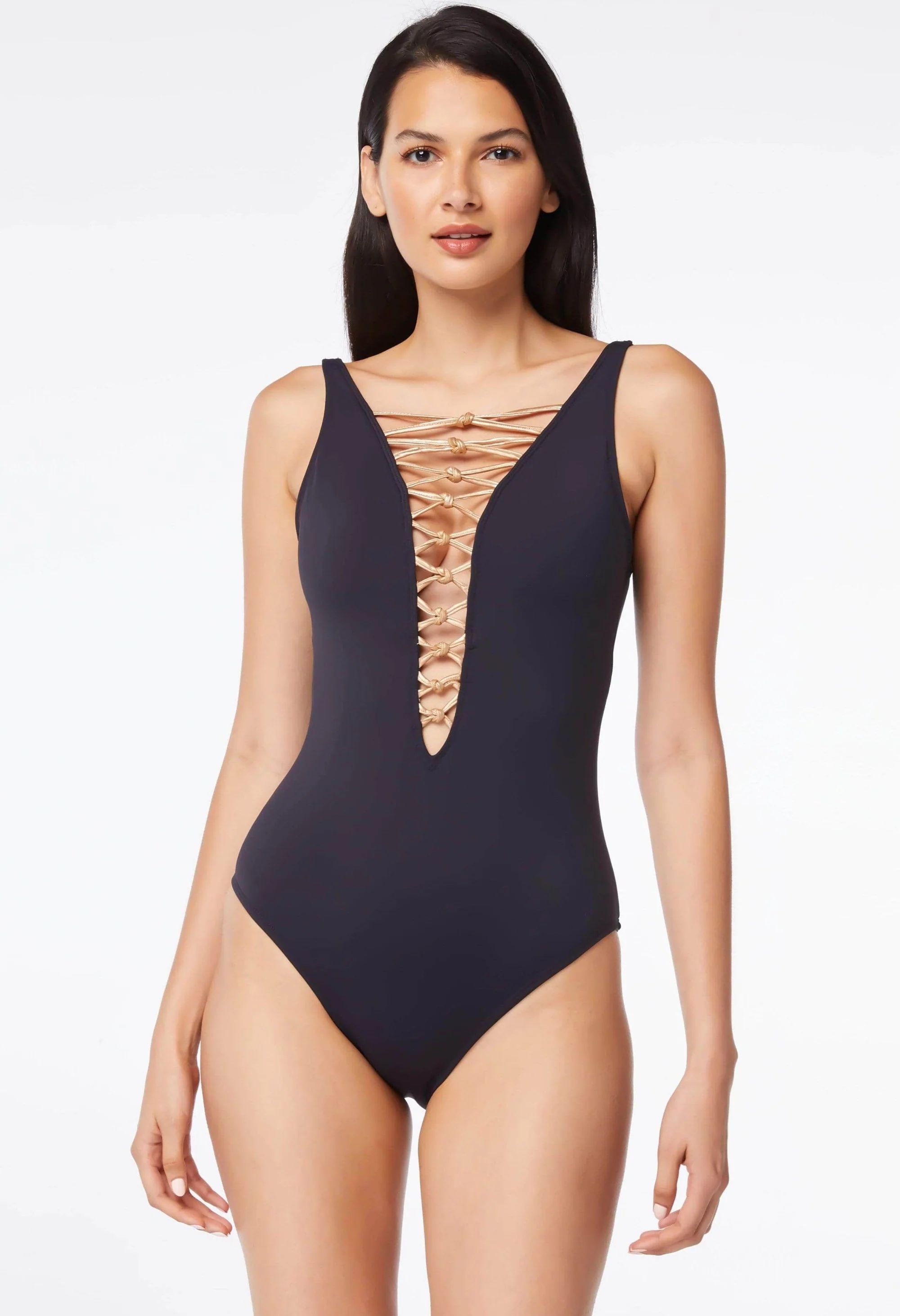 Let's Get Knotty High Neck Lace Down One-Piece Swimsuit | Bleu Rod Beattie