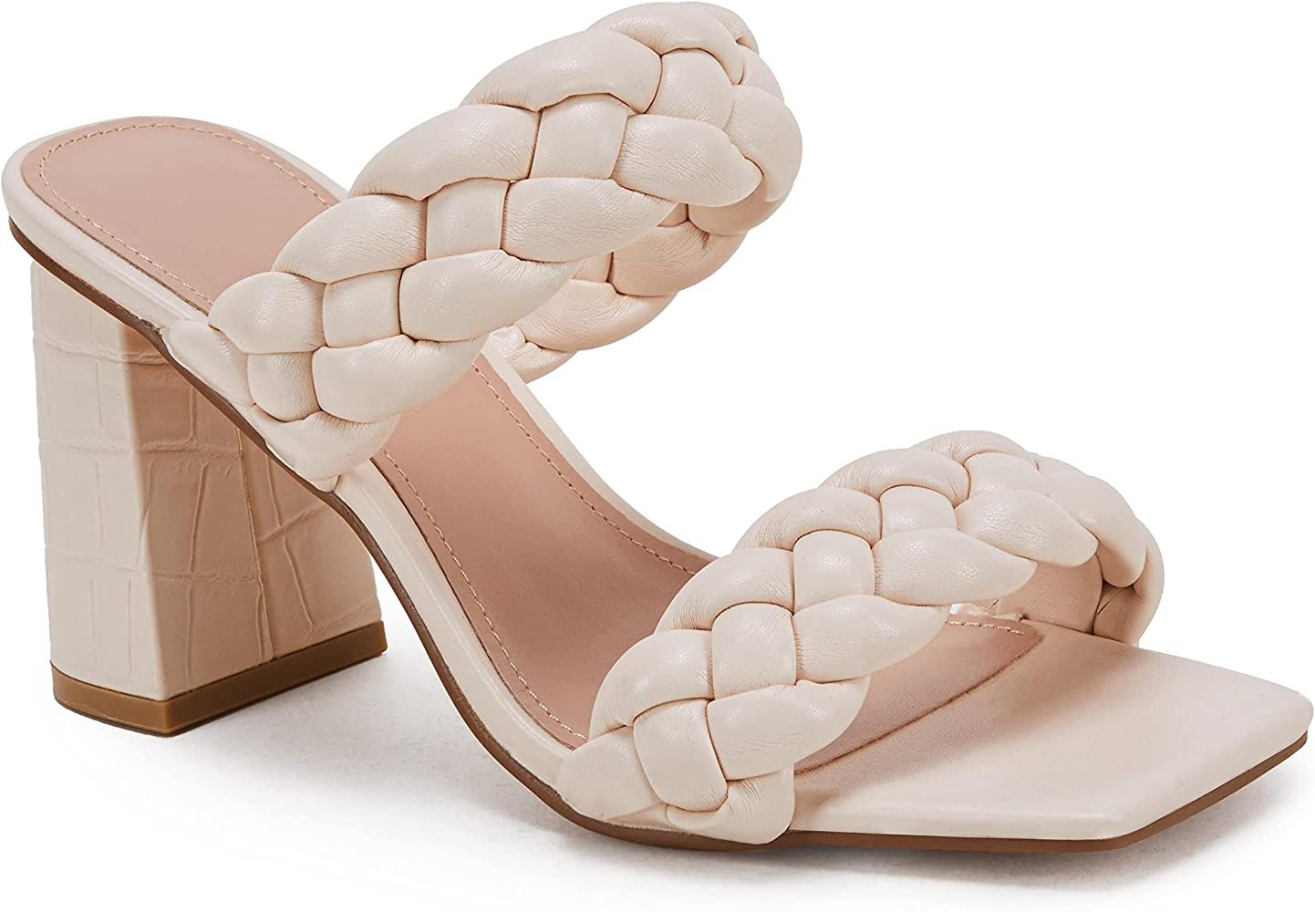 Amazon.com | Womens Braided Sandals Heeled Square Open Toe Strappy Slip On Slide Shoes … | Slid... | Amazon (US)