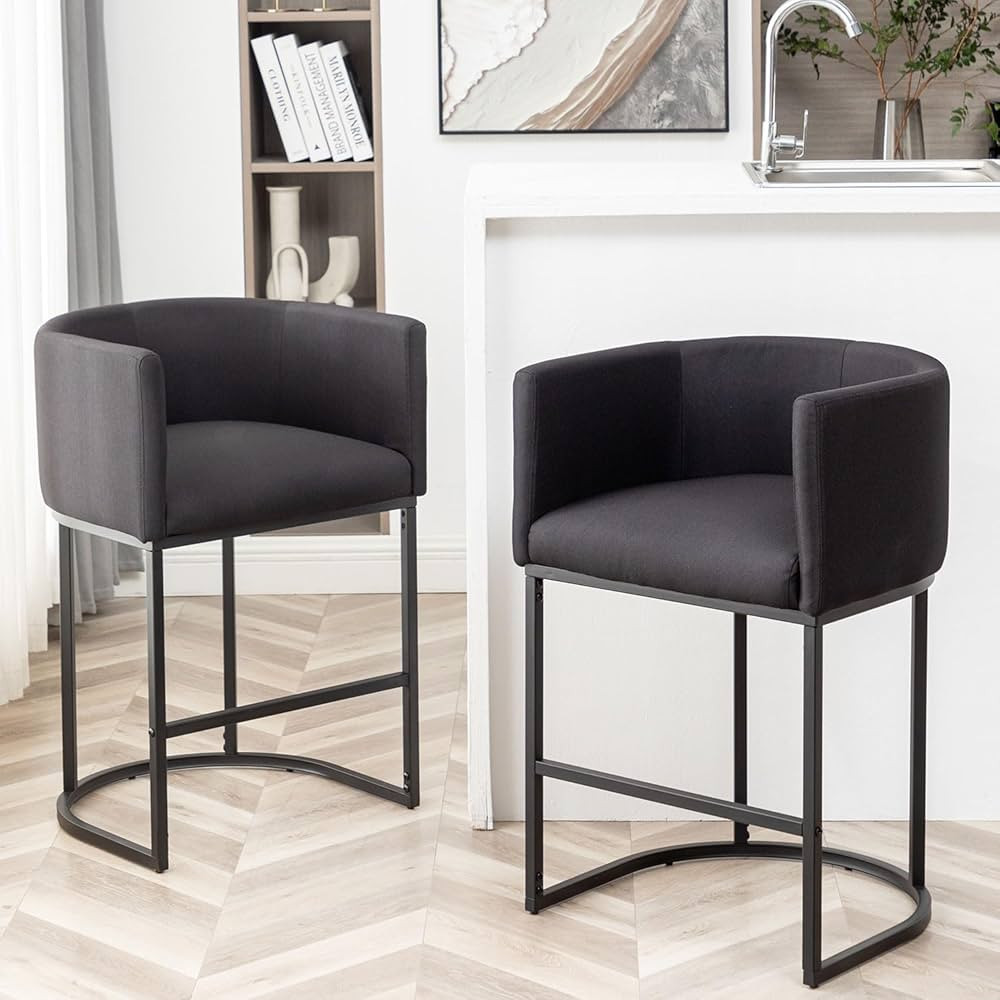 Counter Height Bar Stools Set of 2, Modern Barrel Bar Stool with Back, Black Metal Frames, Uphols... | Amazon (US)
