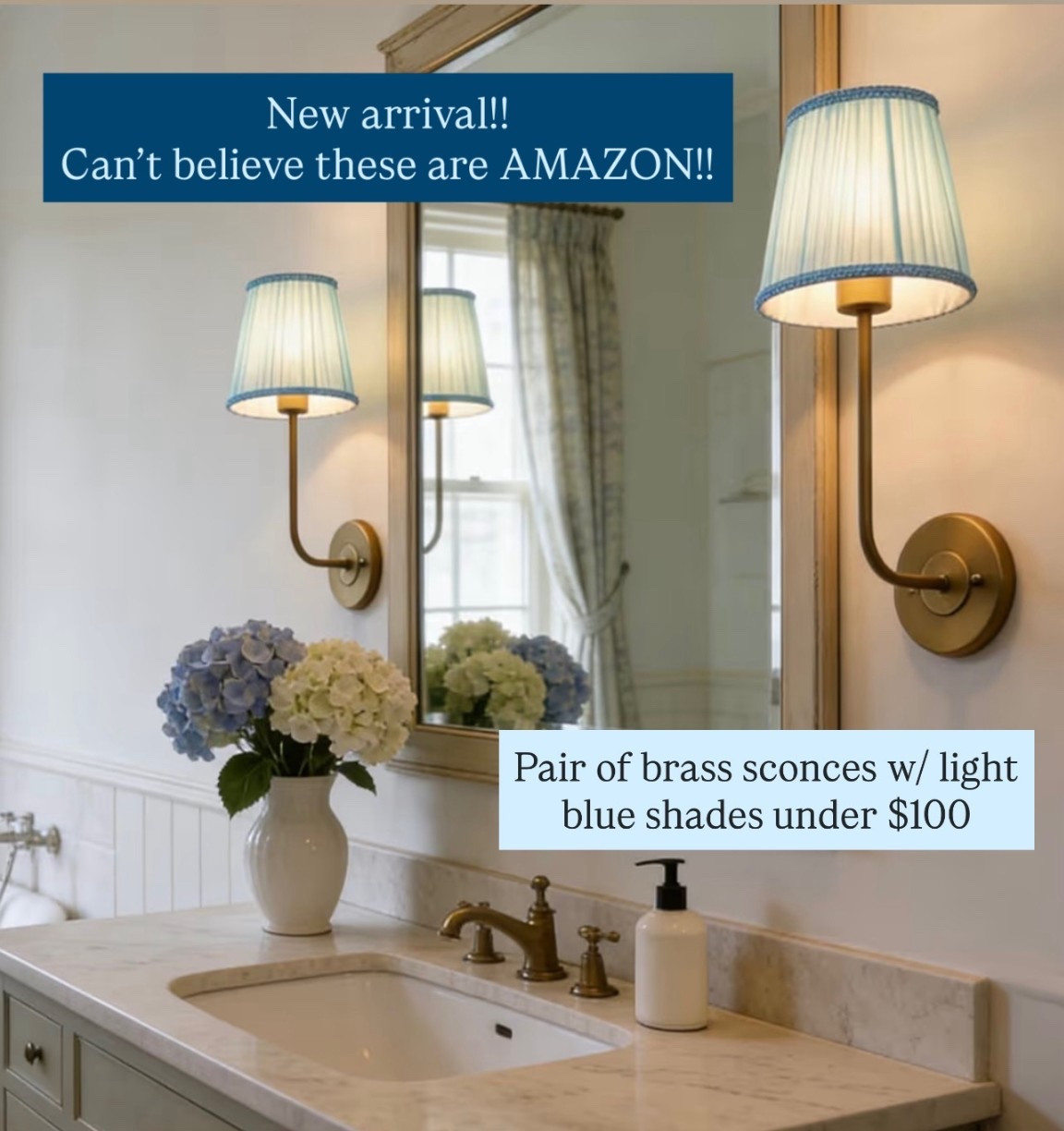 Brass sconces with pretty blue shades just added on Amazon under $100!! ✨🙌🏻