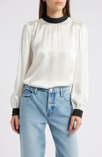 FRAME Mock Neck Long Sleeve Silk Top in Cream at Nordstrom Rack, Size X-Small | Nordstrom Rack