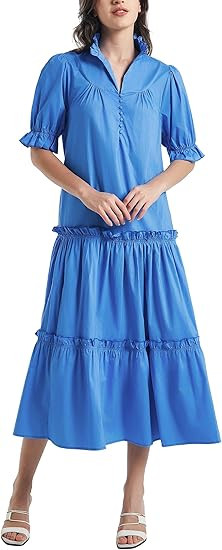 D-Sun Women Casual Button Down Maxi Dress Short Puff Sleeves Stand Collar Tiered Elegant Flowy Sw... | Amazon (US)