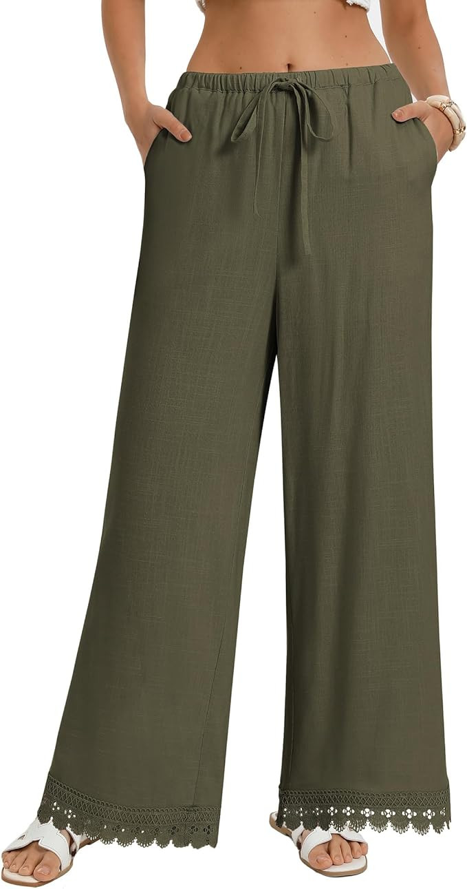 GRACE KARIN Women Linen Pants Wide Leg Casual Palazzo Pants Flowy Beach Summer Trousers Pants wit... | Amazon (US)