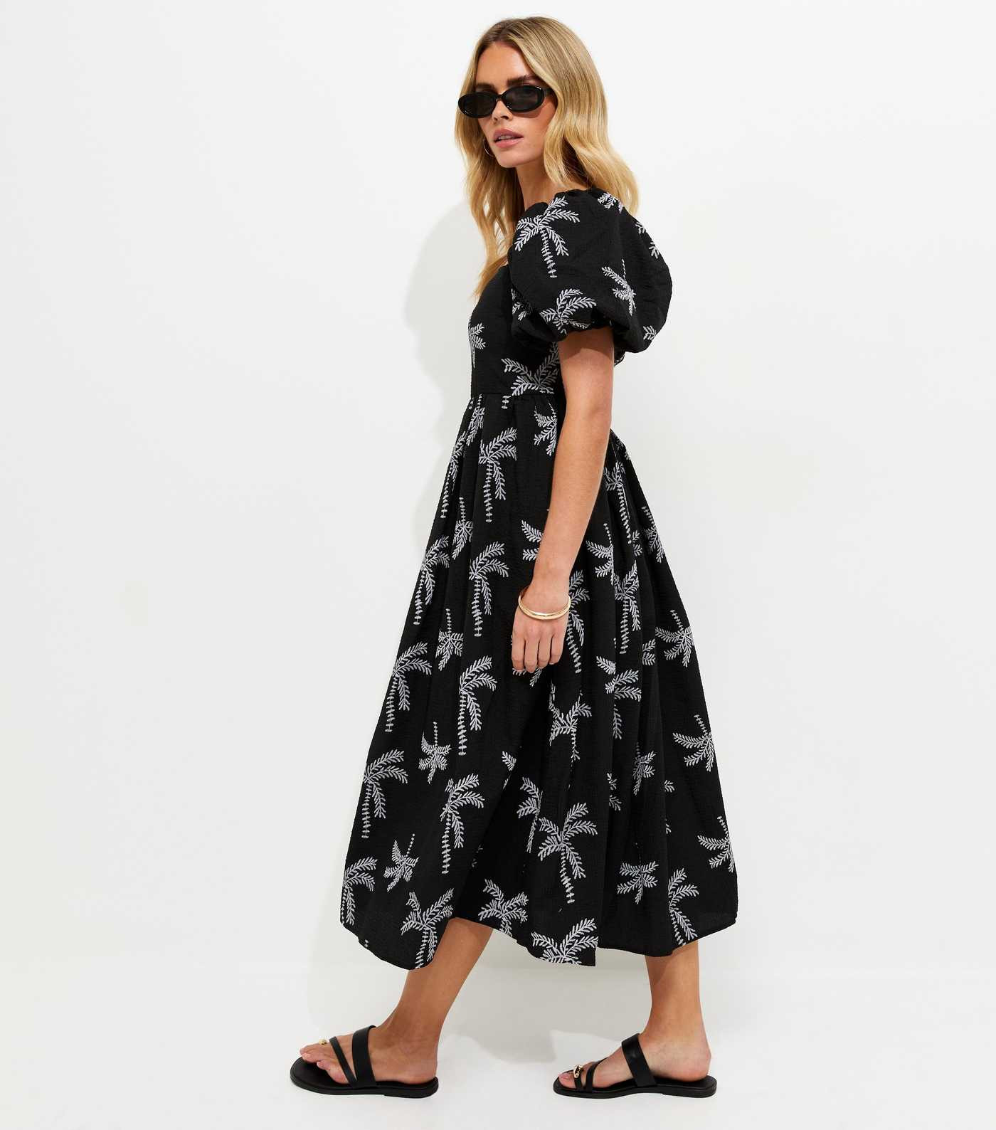 Petite Black Embroidered Palm Tree Puff Sleeve Midi Dress | New Look | New Look (UK)