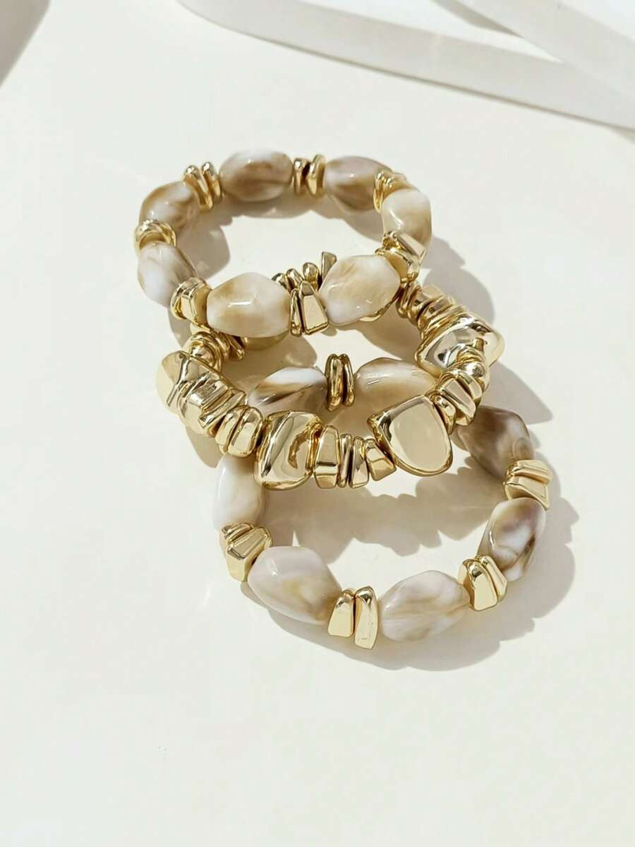 3pcs/Set Vintage Boho Style Thick Multi-Layer Acrylic Beaded Bracelets, Gold Nugget Charm Bracele... | SHEIN