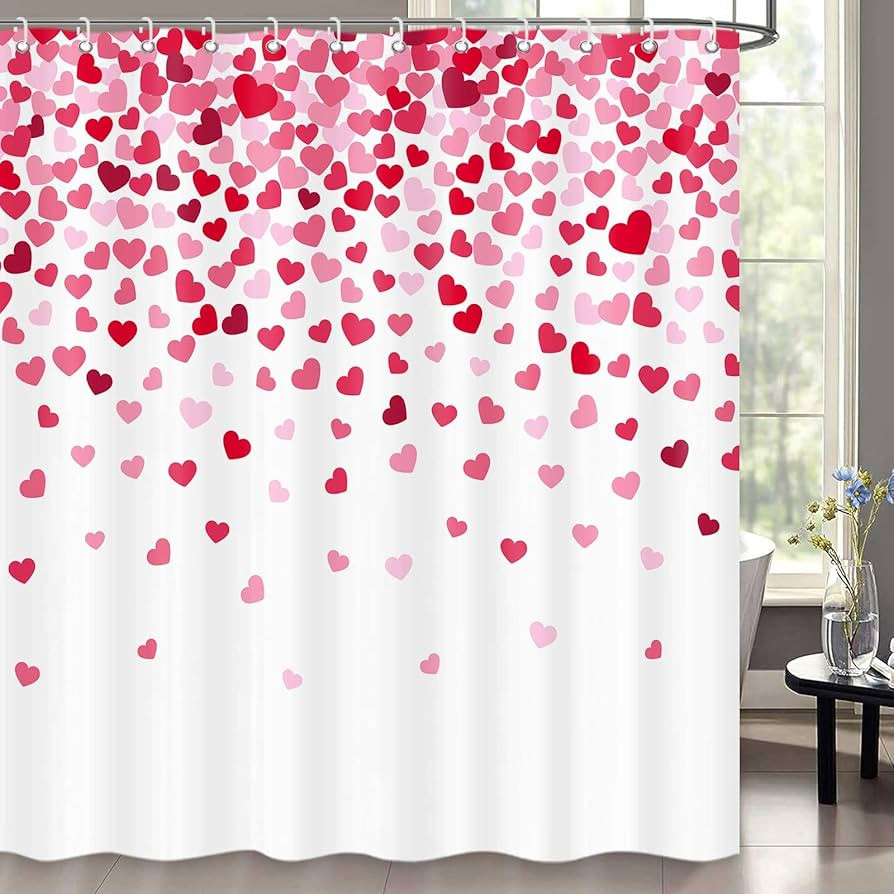 Valentine's Day Heart Shower Curtain, Romantic Falling Red Hearts Fabric Bathroom Curtain with Ho... | Amazon (US)