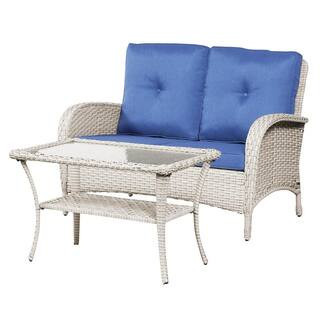 2-Piece Gray Wicker Outdoor Loveseat Set Patio Rattan Loveseat with Blue Cushions and Coffee Table | The Home Depot