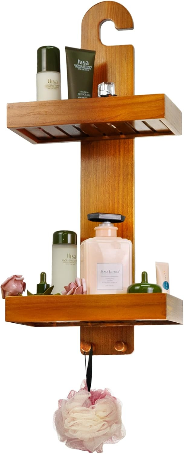 Utoplike Teak Shower Caddy Hanging, Shower Organizer Over Shower Head, Wooden Bathroom Shelf Hold... | Amazon (US)